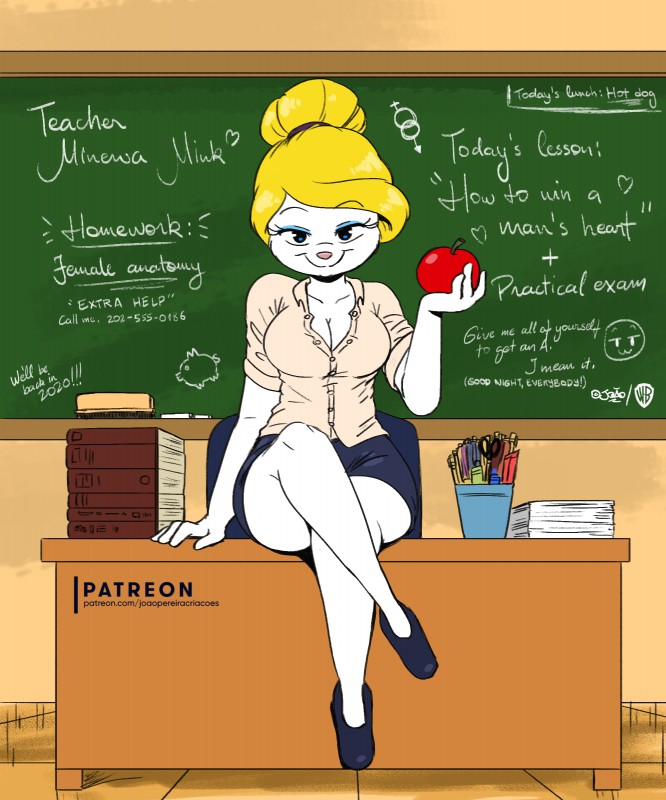 anthro apple blonde_hair blouse blue_bottomwear blue_chair blue_clothing blue_footwear blue_shoes blue_skirt book book_stack bottomwear breasts chalk chalkboard classroom cleavage clothed clothing crossed_legs desk drawing emoji female female_symbol food footwear front_view fruit fully_clothed fur furniture gender_symbol grade hair hair_bun heart_after_name heart_after_text heart_symbol heart_writing hearts_around_text holding_apple holding_food holding_fruit holding_object information_board inside looking_at_viewer male/female_symbol male_symbol number on_desk paper pen pencil_skirt phone_number pink_nose plant pupils school scissors sexuality_symbol shoes sitting skirt smile solo stack symbol table tan_dress_shirt teacher text text_emphasis text_with_emanata text_with_heart tight_clothing topwear underline white_body white_fur writing_utensil year joaoppereiraus animaniacs warner_brothers minerva_mink mammal mink mustelid musteline true_musteline 2019 5:6 absurd_res english_text hi_res