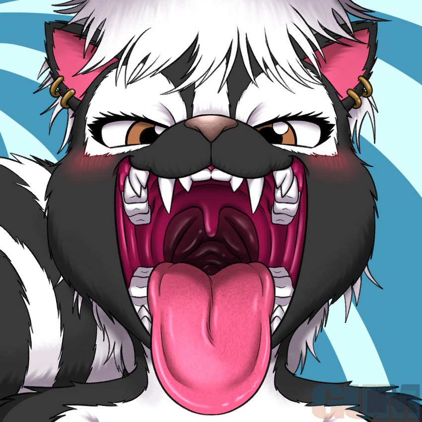 anthro black_body black_fur blush ear_piercing ear_ring fangs female fur gaping_mouth hair mouth_shot open_mouth piercing ring_piercing solo teeth throat tongue tongue_out uvula white_body white_fur white_hair gum-k onyx_(jmh) mammal mephitid skunk 1:1 2023