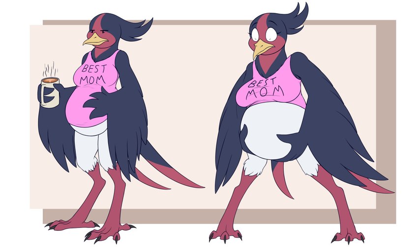 4_toes anisodactyl anthro avian_feet beak belly belly_expansion big_belly bottomless breasts claws clothed clothing coffee_mug expansion feet female hand_on_belly oh_shit pregnant pregnant_anthro pregnant_female shirt solo steam surprise tank_top toes topwear wide_eyed winged_arms wings tomek1000 nintendo pokemon avian bird generation_3_pokemon pokemon_(species) swellow 5:3