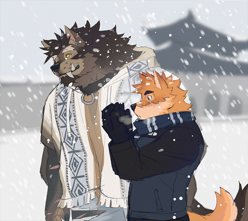 anthro clothed clothing duo eyebrows fangs fur male snow snowing tail teeth rossciaco bruno_(rossciaco) canid canine canis mammal wolf