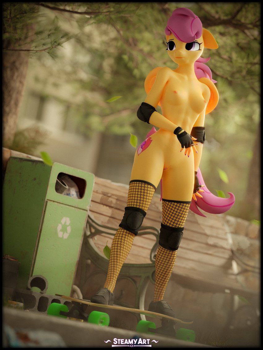 anthro anthrofied black_border border breasts clothing female fishnet_clothing fishnet_legwear genitals hair humanoid_genitalia humanoid_pussy legwear mostly_nude nipples purple_hair pussy skateboard solo vehicle wings steamyart friendship_is_magic hasbro my_little_pony mythology scootaloo_(mlp) equid equine mammal mythological_creature mythological_equine pegasus 3:4 3d_(artwork) absurd_res digital_media_(artwork) hi_res