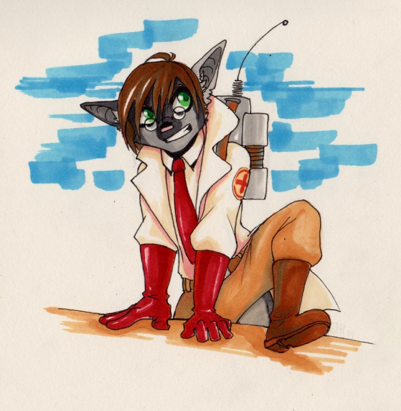 ambiguous_gender anthro clothed clothing eyewear glasses simple_background solo teeth hitmore team_fortress_2 valve medic_(team_fortress_2) felid mammal hi_res traditional_media_(artwork)