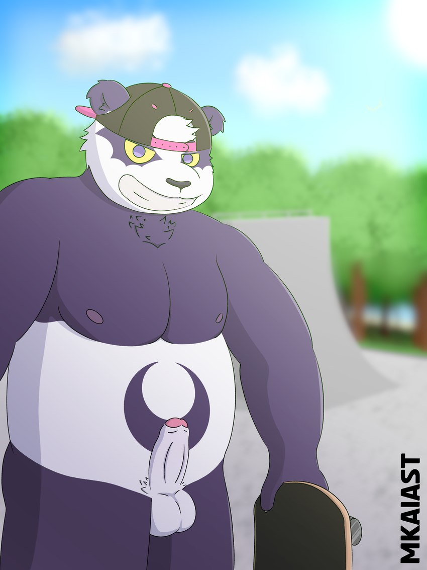 anthro balls big_balls blurred_background clothing foreskin fur genitals hat headgear headwear male nipples penis purple_body purple_fur skate_park skateboard slightly_chubby solo vehicle white_body white_fur yellow_sclera mkaiast lifewonders tokyo_afterschool_summoners alp_(tas) bear giant_panda mammal absurd_res hi_res