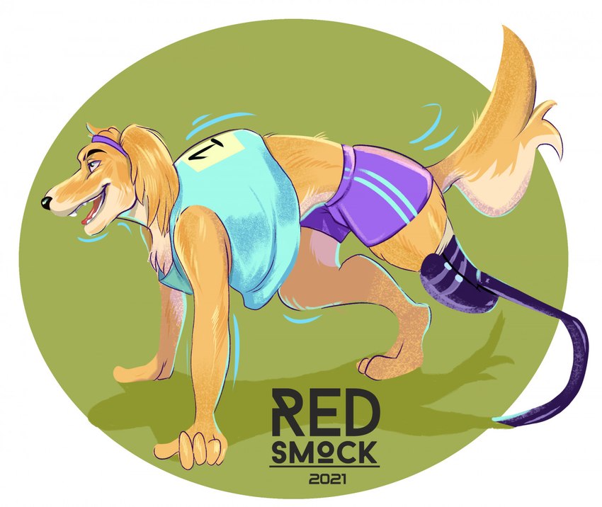 all_fours anthro bottomwear clothing fur geometric_background male motion_lines prosthetic prosthetic_leg prosthetic_limb runner running_blade shirt shorts simple_background solo text topwear yellow_body yellow_fur redsmock canid canine canis domestic_dog mammal 2021 artist_name