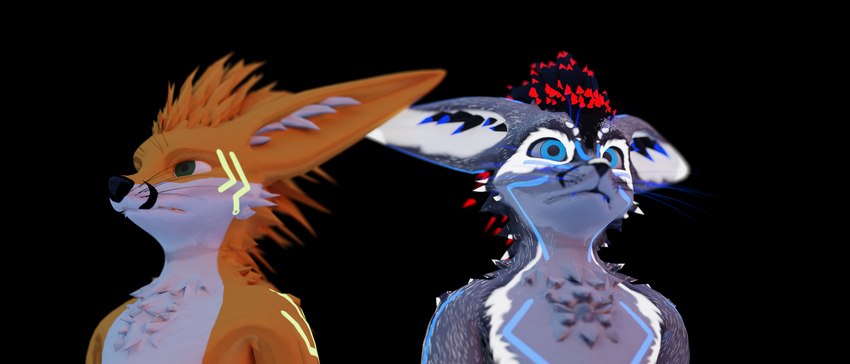 :| anthro arms_at_sides big_ears big_pupils black_body black_feathers black_whiskers blue_body blue_eyes blue_feathers blue_tattoo blue_teeth blue_whiskers depth_of_field dilated_pupils dipstick_ears duo ear_markings ear_tuft eye_markings facial_markings feathers fur green_eyes green_tattoo grey_body grey_fur head_markings looking_aside looking_forward male markings multicolored_ears orange_body orange_feather_hair orange_fur pupils red_body red_feathers serious simple_background snout snout_markings staring_off tattoo teeth transparent_background tuft whiskers white_body white_ear_tips white_fur white_tuft wide_eyed flimsy_fox_(artist) flimsy_fox_(character) canid canine fox hybrid mammal rexouium 2023 3d_(artwork) 7:3 absurd_res alpha_channel digital_media_(artwork) hi_res