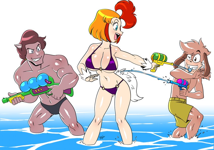 abs anthro athletic athletic_anthro athletic_male bikini bikini_bottom bikini_top black_nose breasts brown_body brown_fur brown_hair clothed clothed_anthro clothed_female clothed_humanoid clothed_male clothing female fur grin group hair male open_mouth open_smile orange_hair partially_submerged smile speedo standing standing_in_water swimming_trunks swimwear topless topless_anthro topless_male toy toy_gun trio two-piece_swimsuit water water_gun aeolus06 eto_rangers pakarachi pochiro tart_(eto_rangers) animal_humanoid avian avian_humanoid bird bird_humanoid canid canine canis chicken_humanoid domestic_dog equid equine galliform galliform_humanoid horse humanoid mammal 2024