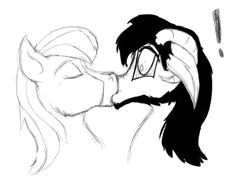 duo female kiss_on_lips kissing male male/male paradox shocked surprise surprise_kiss wings catnel hasbro my_little_pony mythology sheriff_marshall chimera draconequus equid equine horse mammal mythological_creature mythological_equine pegasus pony greyscale monochrome