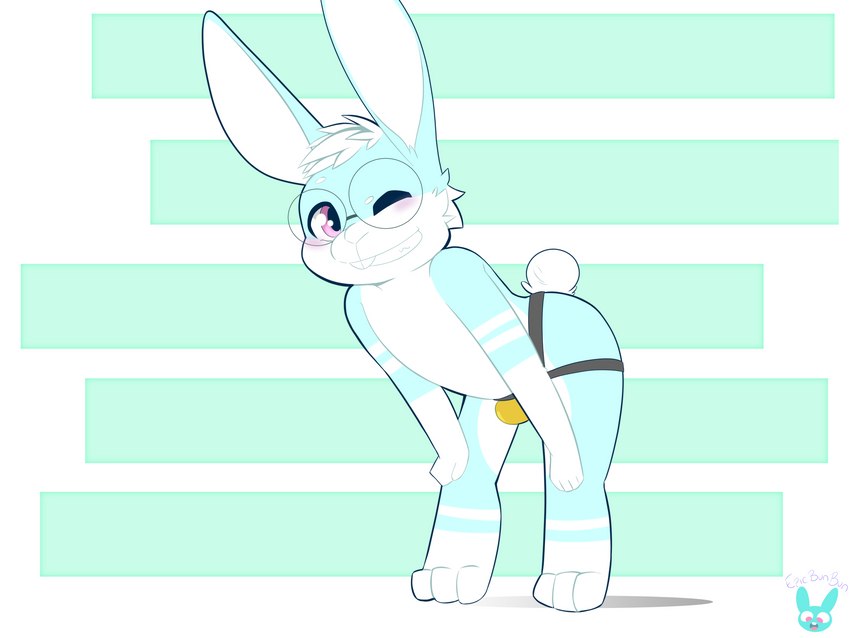 anthro bent_over blush bulge butt chibi clothing eyewear glasses jockstrap male simple_background solo underwear young epicbunbun lagomorph leporid mammal rabbit 4:3 absurd_res hi_res