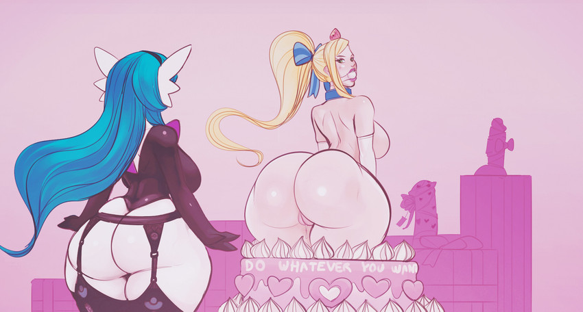 armwear ball_gag big_breasts big_butt blonde_hair breasts bubble_butt butt cake clothing collar dessert dildo duo female food gag gagged genitals hair huge_butt huge_hips leotard ponytail pussy sex_toy text thick_thighs wide_hips thekite nintendo pokemon eerie_(thekite) lou_(thekite) gardevoir generation_3_pokemon human humanoid mammal pokemon_(species) shiny_pokemon english_text