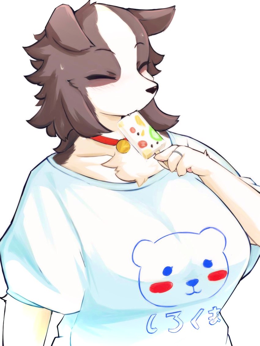 anthro big_breasts blush breasts brown_body brown_fur clothed clothing collar eyes_closed female female_anthro food fur huge_breasts kemono multicolored_body multicolored_fur neck_tuft pawpads popsicle red_collar ring simple_background snout solo teeth text tuft two_tone_body two_tone_fur white_background white_body white_fur takeshi_kemo bodako_(takeshi_kemo) canid canine canis domestic_dog mammal 2021 3:4 hi_res japanese_text translated