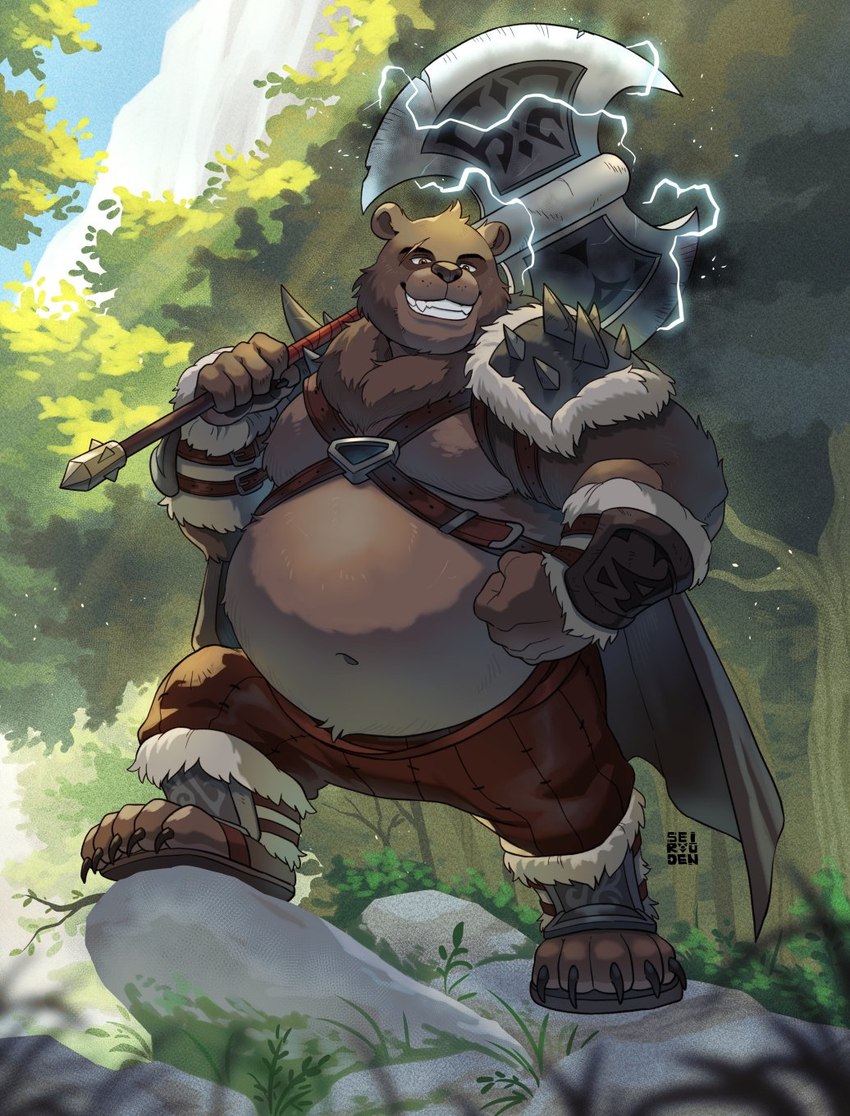 anthro axe barbarian belly big_belly brown_body brown_fur clothed clothing detailed_background fur humanoid_hands magic male moobs outside overweight overweight_male plant solo tree seiryuuden bear mammal 2023 hi_res