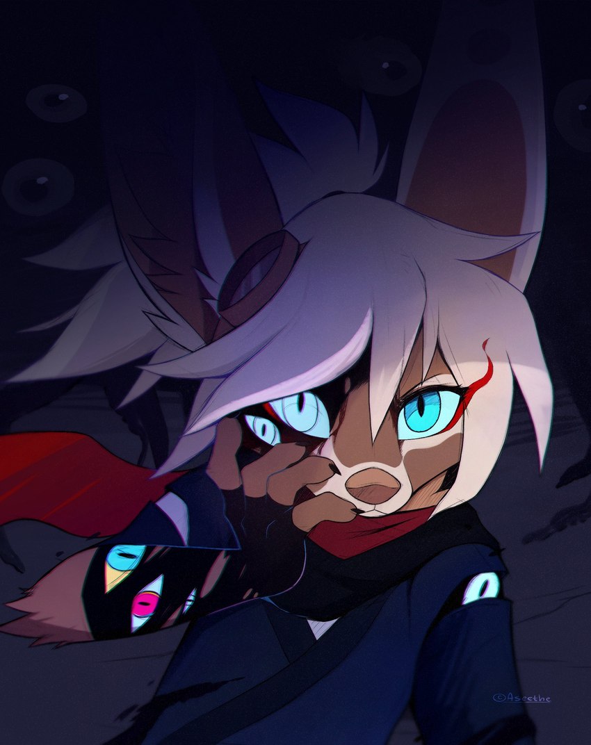 anthro arm_tuft blue_eyes brown_body brown_fur brown_nose clothed clothing elbow_tuft eyewear fur goggles hair inner_ear_fluff looking_at_viewer scarf solo tuft white_hair aseethe melody_(aseethe) canid canine fennec_fox fox mammal true_fox 2023 digital_media_(artwork) hi_res signature