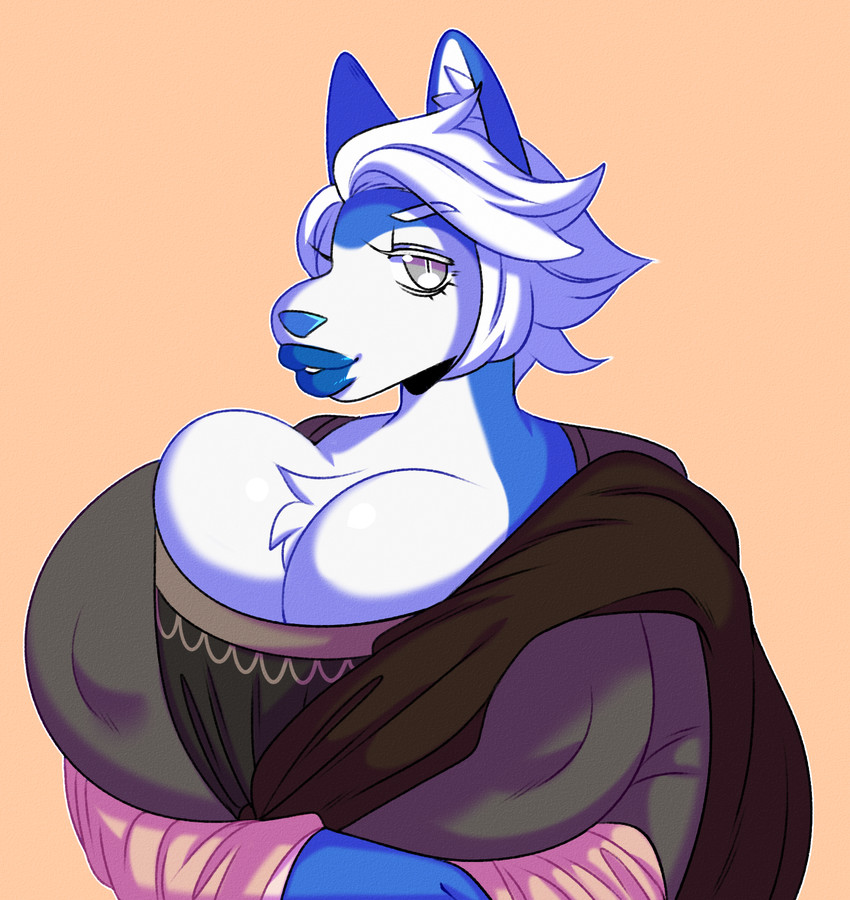 anthro big_breasts blue_lips blue_nose breasts classical classical_art classical_elements female grey_eyes hair huge_breasts hyper hyper_breasts lips looking_at_viewer nipple_outline parody renaissance simple_background solo white_hair leonardo_da_vinci_(artist) satanickpaws darbo canid canine canis domestic_dog husky mammal nordic_sled_dog spitz digital_drawing_(artwork) digital_media_(artwork) half-length_portrait hi_res portrait