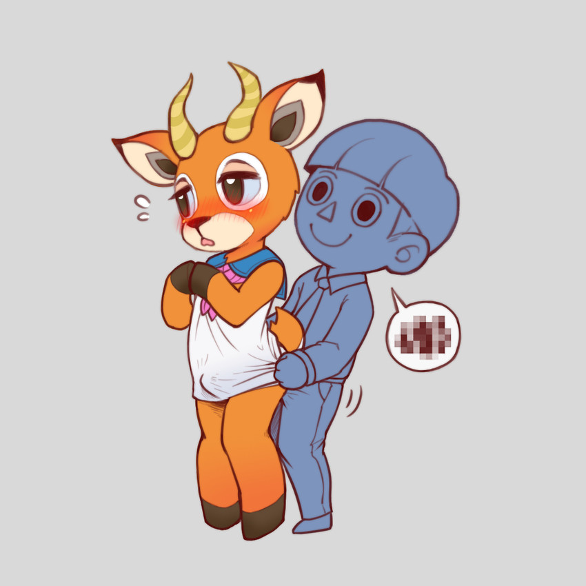 anthro blush bottomless bowl_cut clothed clothing dialogue duo embarrassed erection erection_under_clothing femboy hooves horn human_on_anthro interspecies male male/male tenting menhou animal_crossing nintendo beau_(animal_crossing) antelope bovid human mammal 1:1 censored pictographics