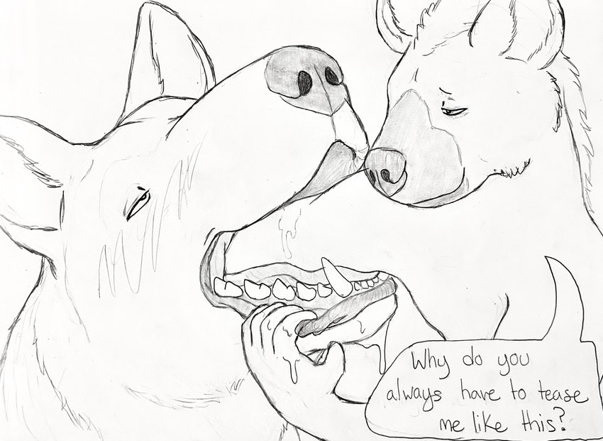 ambiguous_gender anthro blush blush_lines bodily_fluids body_part_in_mouth deep_throat drooling duo feral finger_in_mouth hand_in_mouth larger_feral mawplay mouth_play oral oral_fisting oral_penetration penetration saliva saliva_on_arms size_difference smaller_anthro swallowing vore hgythshs canid canine canis domestic_dog hyena mammal graphite_(artwork) hi_res monochrome traditional_media_(artwork)