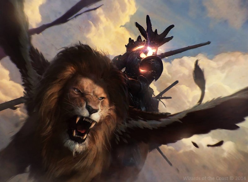 anthro cloud duo faceless fangs feathered_wings feathers flying male mane melee_weapon outside polearm riding sky skyscape snarling straddling teeth weapon wings slawomir_maniak hasbro magic:_the_gathering wizards_of_the_coast archon_(magic:_the_gathering) felid lion mammal pantherine official_art