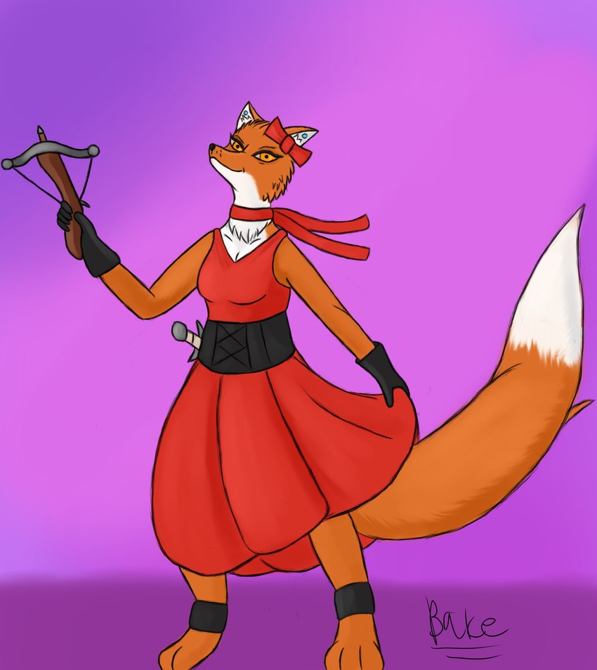 anthro clothing corset crossbow dagger digitigrade dipstick_tail dress ear_piercing fantasy female fur gloves handwear holding_clothing holding_crossbow holding_object holding_weapon lingerie looking_at_viewer markings melee_weapon neckwear orange_body orange_eyes orange_fur piercing purple_background ranged_weapon red_clothing red_dress ribbon_only ribbons simple_background smile smiling_at_viewer smirk smirking_at_viewer solo tail tail_markings topwear weapon bake_a_snake pathfinder canid canine fox mammal true_fox absurd_res hi_res