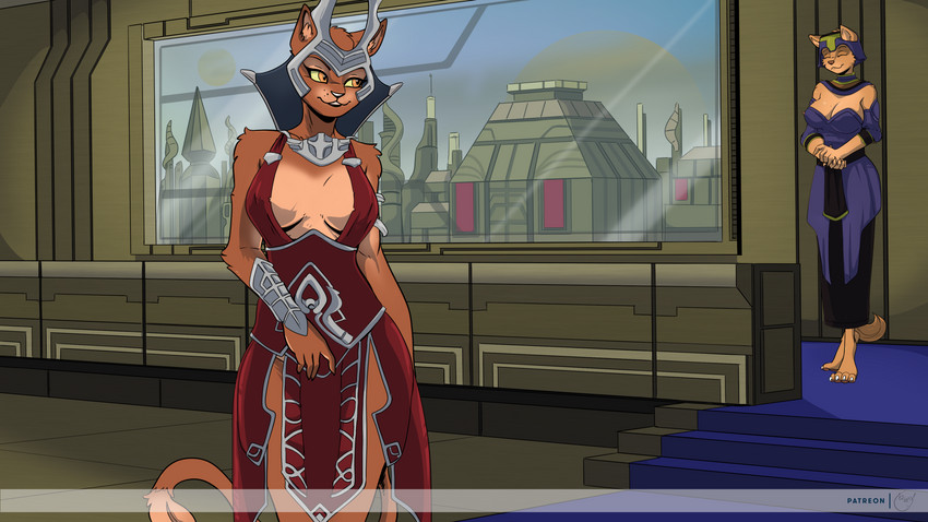 anthro breasts brown_body brown_fur cleavage clothed clothing duo eyes_closed female fur orange_eyes yellow_sclera yawg master_of_orion empress_jasana harrava felid mammal mrrshan hi_res