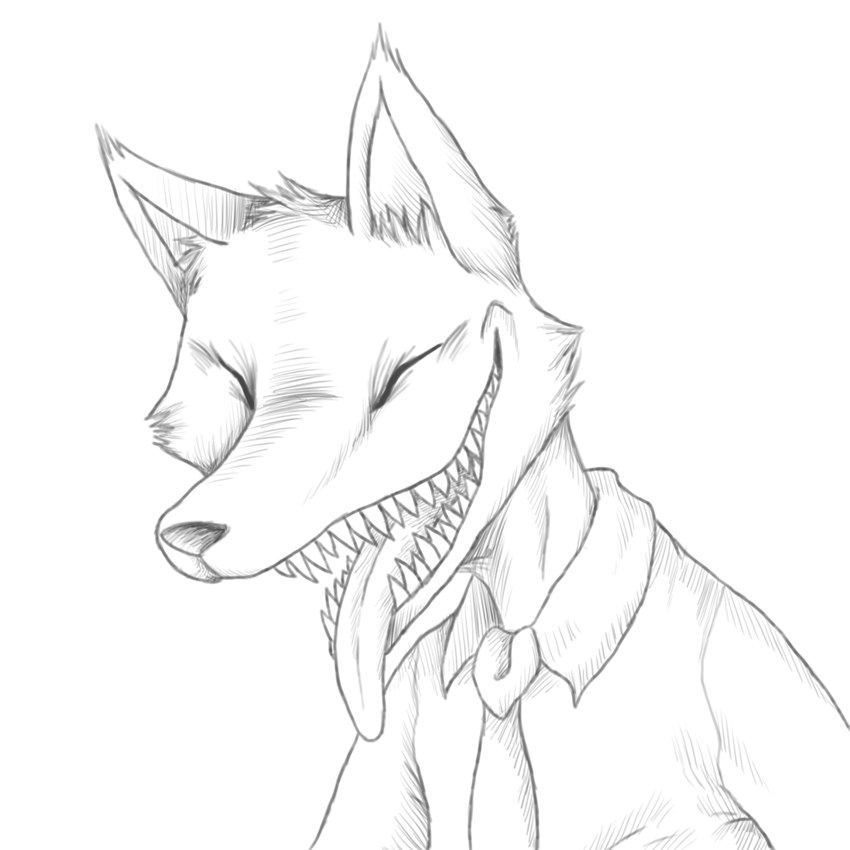 anthro clothed clothing eyes_closed fur inner_ear_fluff male necktie open_mouth open_smile sharp_teeth shirt simple_background smile snout solo teeth three-quarter_view tongue tongue_out topwear tuft white_background snuddisecrets ruby_quest red_(rq) canid canine fox mammal 1:1 2013 bust_portrait digital_drawing_(artwork) digital_media_(artwork) greyscale monochrome portrait