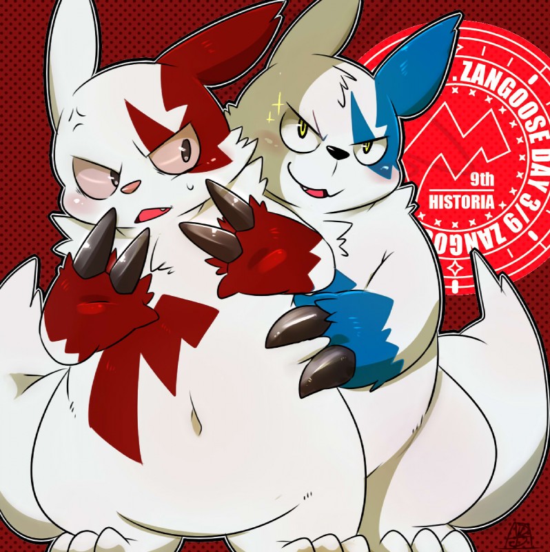 ambiguous_gender blue_body blue_fur blue_markings duo feral fur markings obese overweight red_markings tail white_body white_fur matatabi88 tiri_mama nintendo pokemon pokemon-specific_day zangoose_day generation_3_pokemon pokemon_(species) shiny_pokemon zangoose hi_res