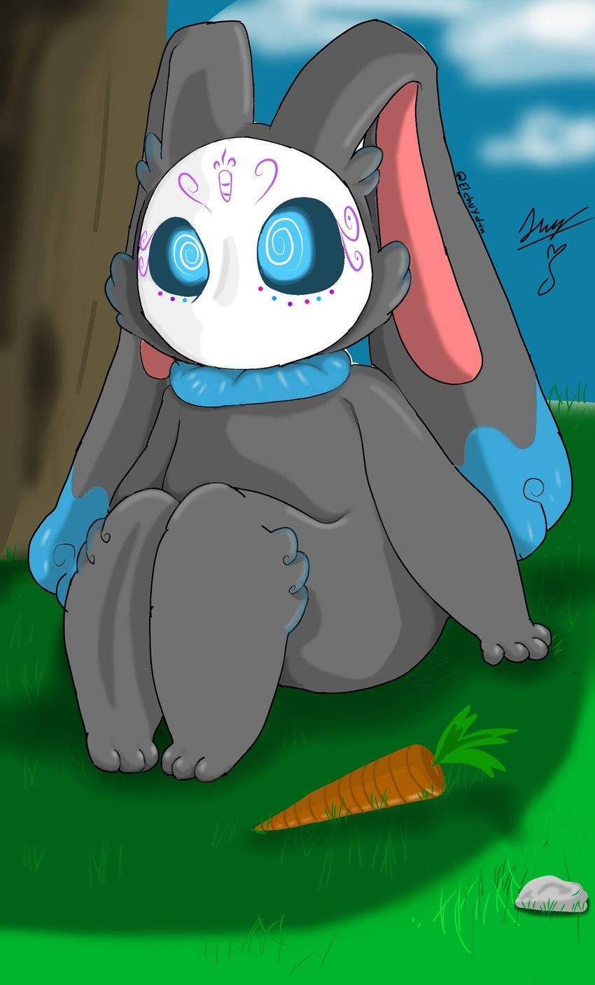 anthro blue_eyes carrot colored_tips female food fur glowing glowing_eyes grass grey_body grey_fur mask neck_tuft paws plant sitting sitting_on_ground sitting_under_tree solo tree tuft under_tree vegetable elchuydra tochtli lagomorph leporid mammal rabbit 2023 hi_res signature