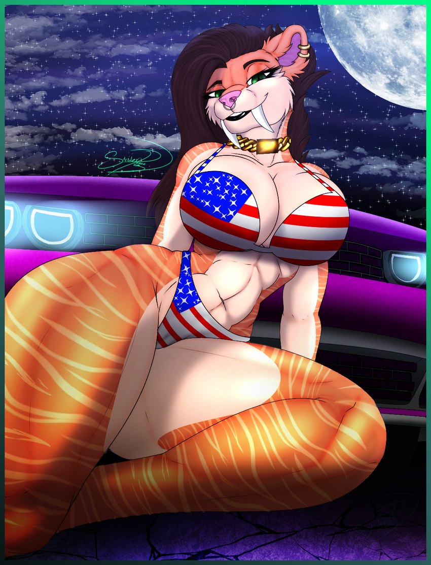 american_flag_bikini anthro big_breasts bikini bikini_bottom bikini_thong bikini_top breasts brown_hair car clothing ear_piercing ear_ring facial_piercing fangs female flag_bikini full_moon fur green_eyes hair huge_breasts jewelry long_hair looking_at_viewer moon night nose_piercing nose_ring piercing pink_nose pose purple_car ring_piercing sabertooth_(anatomy) septum_piercing septum_ring sky smile smiling_at_viewer soft_abs star starry_sky stripes swimwear tan_body tan_fur teeth thick_thighs two-piece_swimsuit vehicle striderpeace50g dodge_(brand) dodge_challenger toofer felid hybrid mammal prehistoric_species saber-toothed_tiger hi_res pinup