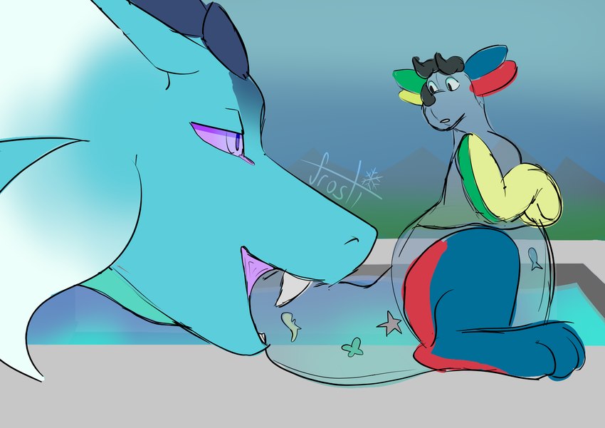 blue_body blue_scales duo imminent_vore nervous pool_toy poolside scales simple_background size_difference tail tail_in_mouth frostidragon frosti_(frostidragon) hi_res