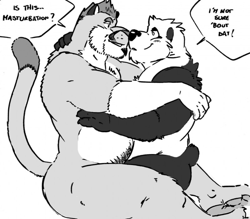 anthro belly blush butt dialogue duo exclamation_point from_front_position frottage hairy lotus_position male male/male musclegut muscular nude overweight penile sex simple_background speech_bubble text white_background husky92 super-tuler puma_tuler tairu bear cougar felid feline giant_panda mammal comic english_text greyscale hi_res monochrome sketch