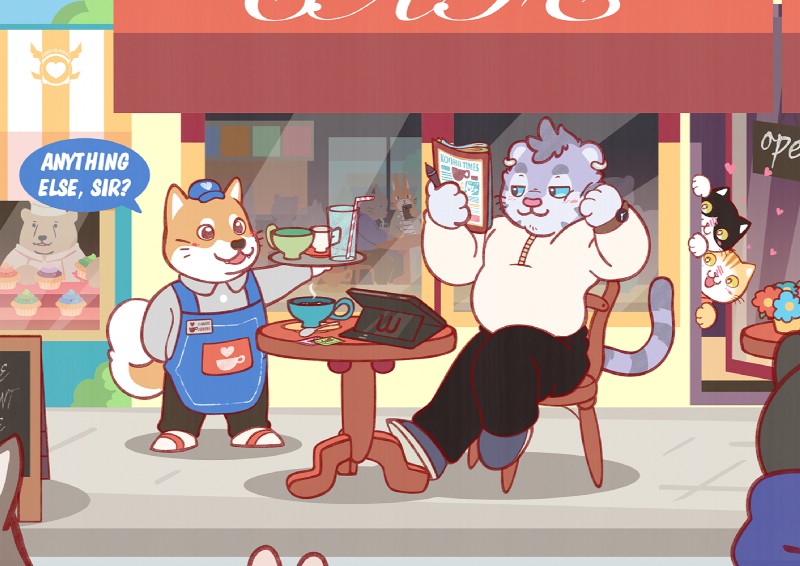 anthro barazoku bottomwear cafe chair clothed clothing dialogue ear_piercing furniture group male outside pants piercing sitting smile speech_bubble text digitslayer working_buddies! justin_(ieaden) rufuta_hachitani tapio_chatarozawa canid canine canis domestic_cat domestic_dog felid feline felis mammal pantherine shiba_inu spitz tiger english_text