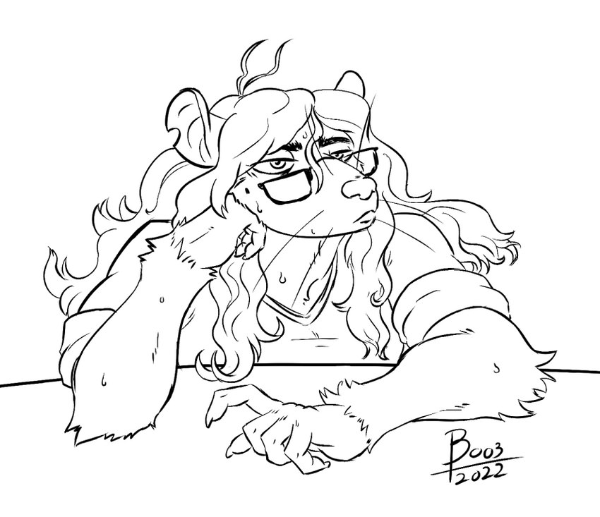 ambiguous_gender anthro bodily_fluids eyewear glasses hair long_hair messy_hair notched_ear slightly_chubby solo sweat boo3 jj_(boo3) mammal murid murine rat rodent monochrome nonbinary_(lore)