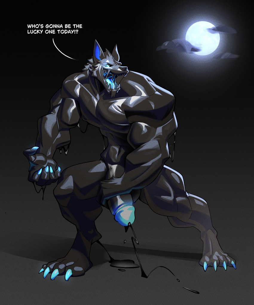 anthro barazoku big_muscles big_penis biped black_cum black_goo bodily_fluids colored_cum cum erection genital_fluids genitals huge_penis humanoid_genitalia humanoid_penis light looking_at_viewer male moon moonlight muscular muscular_anthro muscular_male night nude_anthro nude_male penis solo text unusual_bodily_fluids unusual_cum unusual_genital_fluids taurodin canid canine canis mammal wolf 2024 absurd_res english_text hi_res