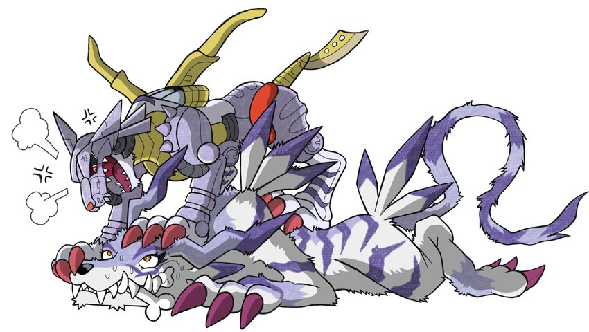 angry bone cybernetics duo feral fight machine sharp_teeth teeth portugueselynx bandai_namco digimon canid canine cyborg digimon_(species) garurumon mammal metalgarurumon hi_res