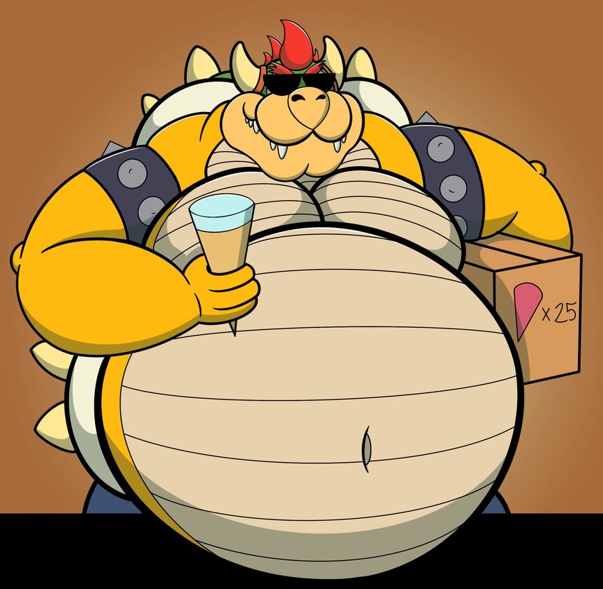 2_horns belly big_belly box container dessert eyewear food fur hair horn ice_cream ice_cream_cone male mature_male moobs navel red_hair solo sunglasses sewergator bowser_day mario_bros nintendo bowser koopa scalie 2021 hi_res