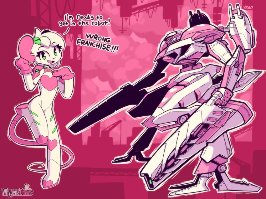 anthro bodysuit clothing cosplay detailed_background dialogue dual_wielding exclamation_point eye_through_hair green_eyes gun hair heart_print holding_object holding_weapon long_tail looking_at_viewer machine male mecha on_one_leg plugsuit ranged_weapon rat_tail skinsuit small_waist solo standing tail text tight_clothing translucent translucent_hair weapon white_body white_bodysuit white_clothing white_skinsuit whygena armored_core_(series) armored_core_vi:_fires_of_rubicon neon_genesis_evangelion reggie_(whygena) humanoid mammal murid murine rat robot robot_humanoid rodent 4:3 absurd_res english_text hi_res