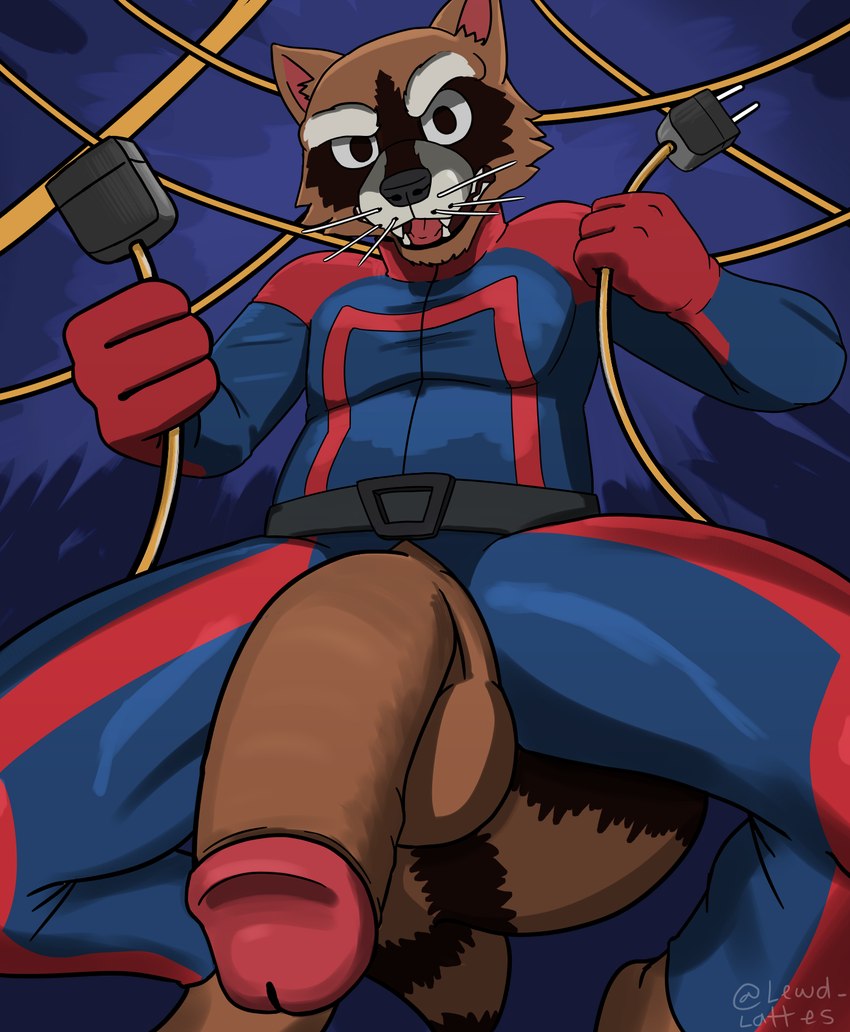 anthro balls belt clothing confusion cords crouching flaccid genitals humanoid_genitalia humanoid_penis male penis plug solo suit whiskers wire lewd_latte guardians_of_the_galaxy marvel rocket_raccoon mammal procyonid raccoon hi_res