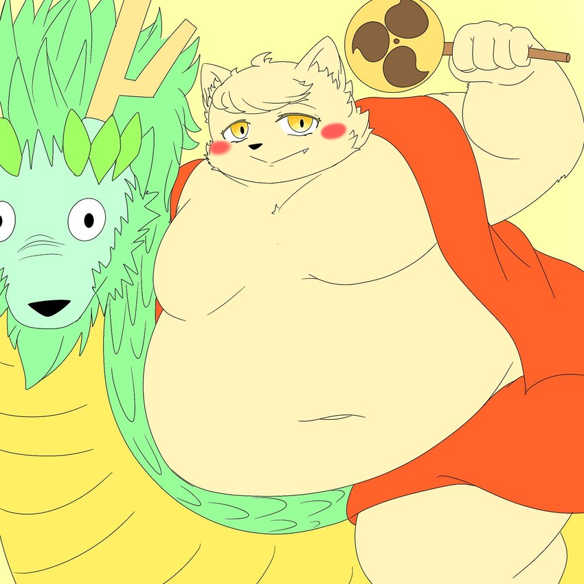 anthro belly blush fur male moobs navel overweight solo yellow_body yellow_eyes yellow_fur young kemoduelist chinese_zodiac cyberconnect2 fuga:_melodies_of_steel little_tail_bronx new_year_2024 year_of_the_dragon boron_brioche domestic_cat felid feline felineko felis mammal 1:1 hi_res