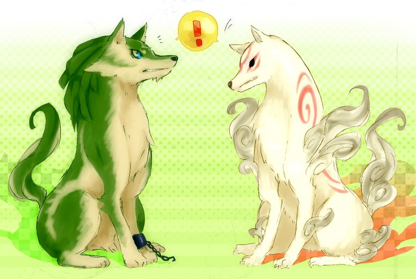 blue_eyes duo exclamation_point eye_contact female feral fur looking_at_another male speech_bubble ningukt capcom clover_studio nintendo okami_(capcom) the_legend_of_zelda twilight_princess amaterasu_(okami) link_(wolf_form) canid canine canis deity mammal wolf 2012 crossover