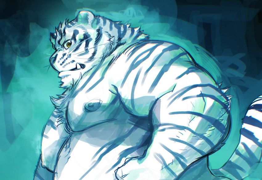 anthro belly big_belly humanoid_hands kemono male moobs nipples overweight overweight_male solo white_body kita_9999 felid mammal pantherine tiger 2022