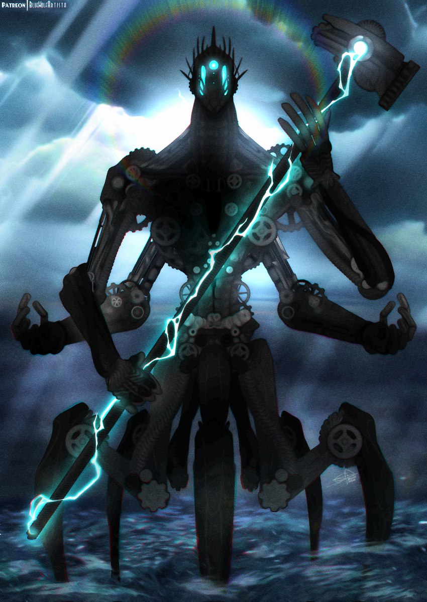 4_arms 5_fingers 5_legs abs aureola blue_electricity blue_glow broad_shoulders cloud cloudy_sky electricity fingers front_view gear hammer holding_hammer holding_melee_weapon holding_object holding_sledgehammer holding_tool holding_weapon light machine male melee_weapon metal multi_arm multi_leg multi_limb partially_submerged sea sky sledgehammer small_waist solo spikes standing standing_in_water sunlight tools trapezius water weapon bluewolfartista scp_foundation mekhane_(scp_foundation) deity robot taur 2022 absurd_res hi_res