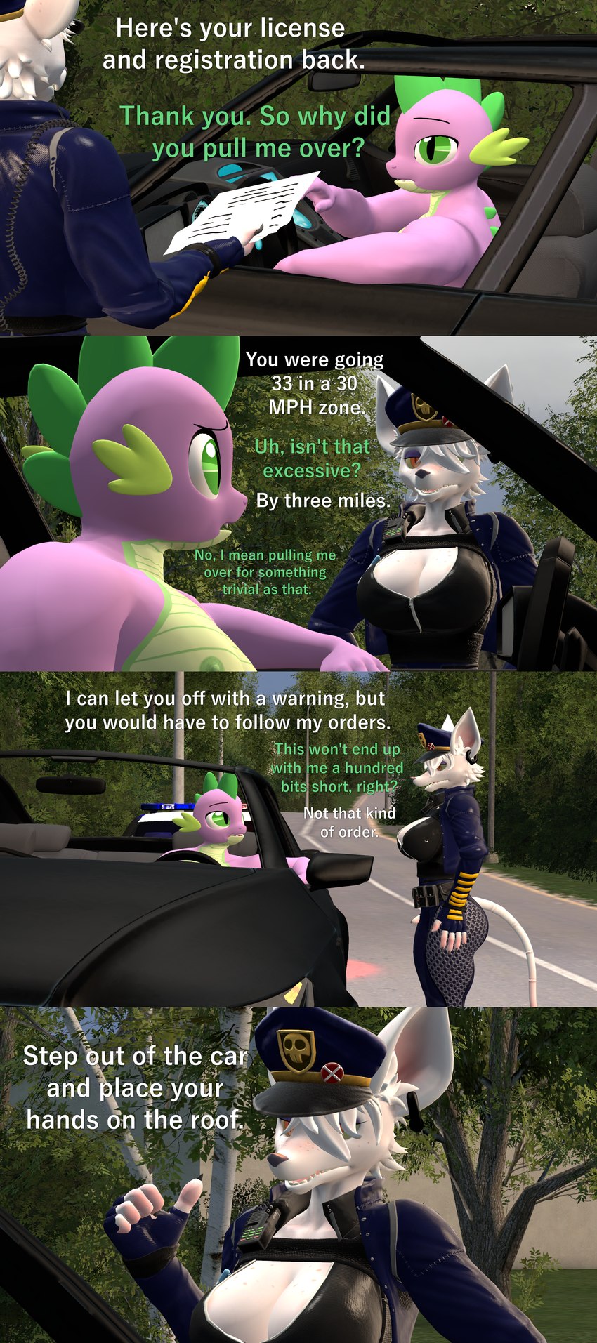 anthro big_breasts biped breasts car clothed clothing dialogue duo female male outside plant police police_officer purple_body text thick_thighs tree vehicle white_body papadragon69 friendship_is_magic hasbro my_little_pony mythology officer_flint_(foresttherotten) spike_(mlp) warfare_flint dragon mammal murid murine mythological_creature mythological_scalie rat rodent scalie 3d_(artwork) absurd_res digital_media_(artwork) english_text hi_res