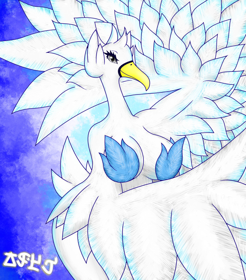 anthro beak big_breasts biped blue_body blue_feathers breasts feathered_wings feathers female grey_eyes looking_at_viewer non-mammal_breasts nude pokemorph short_tail simple_background smile solo standing tail tail_feathers thick_thighs white_body white_feathers wide_hips wings yellow_beak jose-497 nintendo pokemon avian bird generation_5_pokemon pokemon_(species) swanna 2020 blue_theme digital_drawing_(artwork) digital_media_(artwork) hi_res signature