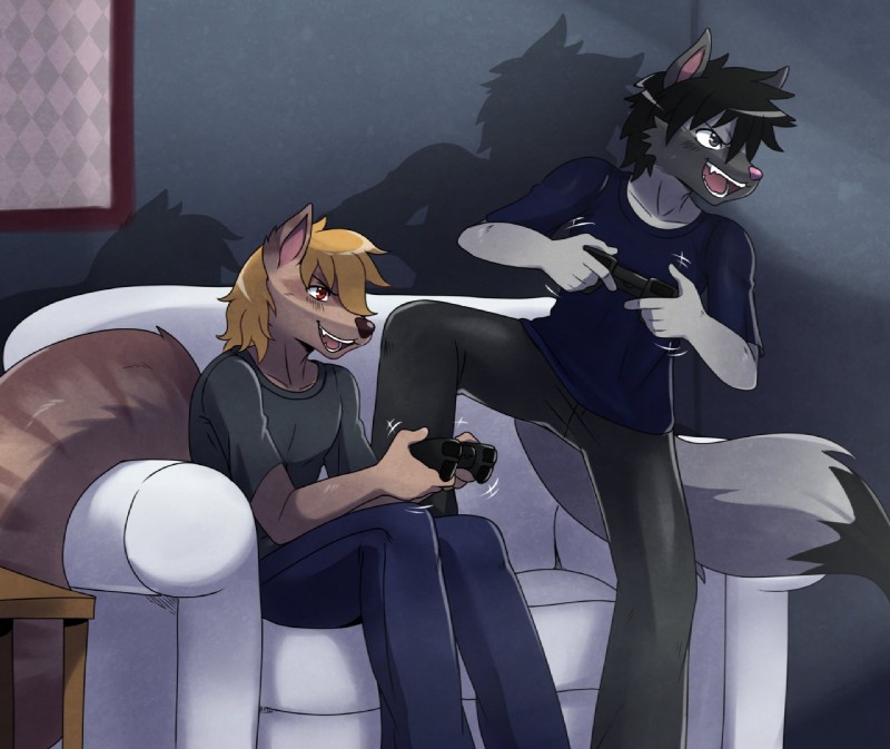 anthro arms_bent arms_on_legs arms_on_thighs bent_legs clothing controller duo fluffy fluffy_tail furniture game_controller gaming hands_together hands_together_elbows_apart holding_controller holding_game_controller holding_object legs_over_edge looking_offscreen male multiplayer over_edge playing_video_game playstation_controller red_eyes shadow sitting sofa standing step_pose tail tail_over_edge wireless_controller sssonic2 dualshock dualshock_3 playstation playstation_3 sony_corporation sony_interactive_entertainment g0nard_(character) tealmarket canid canine canis hybrid mammal mephitid procyonid raccoon skunk wolf 2014 digital_media_(artwork)