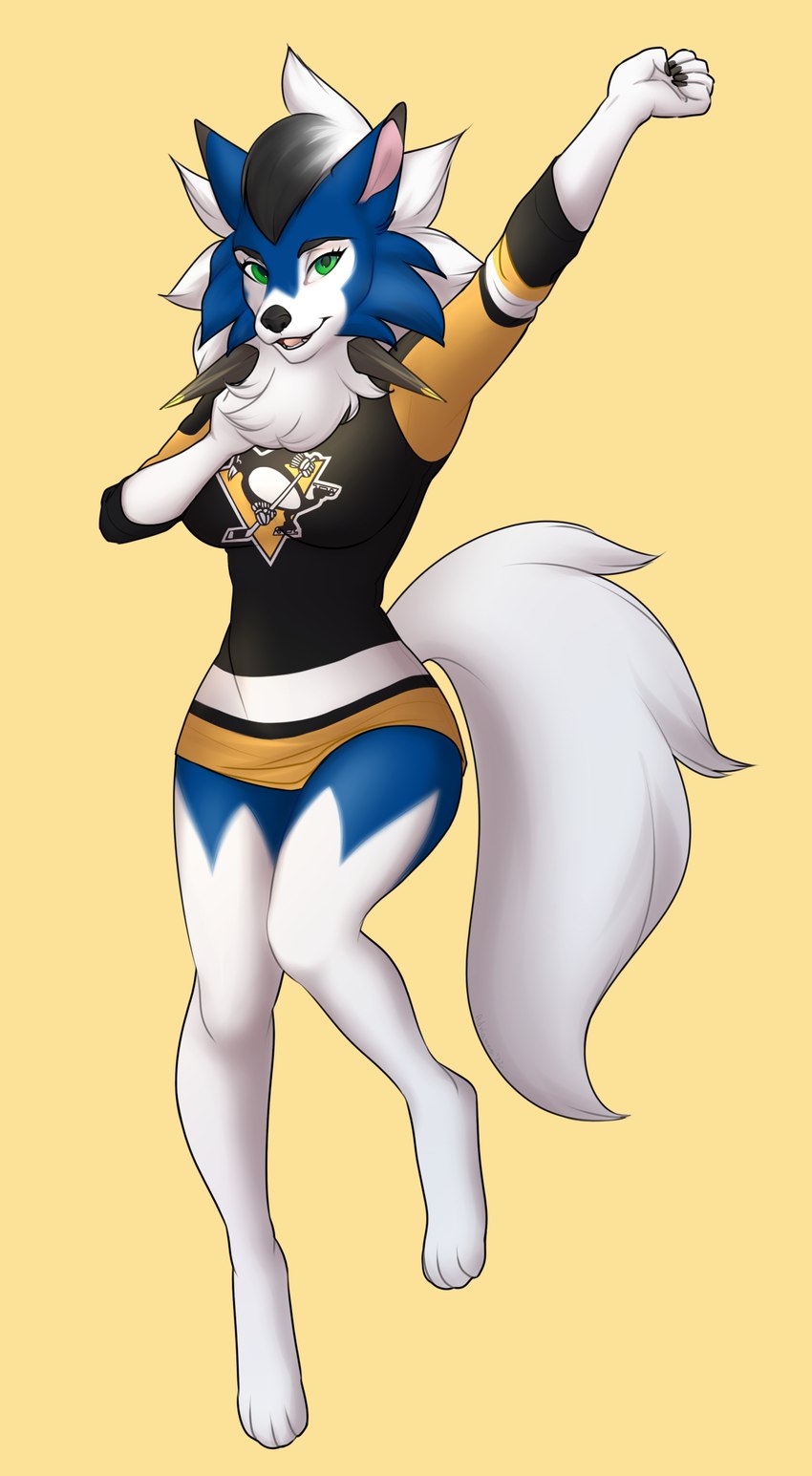 anthro green_eyes hockey looking_at_viewer simple_background solo sport mouscedess nhl nintendo pittsburgh_penguins pokemon canid canine dusk_lycanroc generation_7_pokemon lycanroc mammal pokemon_(species) absurd_res hi_res