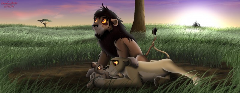 female feral grass group male plant smile sunset tree alpha_rain disney the_lion_king fan_character kito nuka_(the_lion_king) felid lion mammal pantherine mila_(disambiguation) absurd_res hi_res