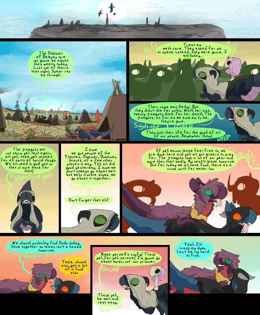 camp charred crowd dialogue fantasy female feral group male post-apocalyptic text thepatchedragon dragonscape mythology doerate_(thepatchedragon) forl_(thepatchedragon) hiker_(thepatchedragon) dinosaur dragon drekir mythological_creature mythological_scalie prehistoric_species reptile scalie theropod comic english_text hi_res