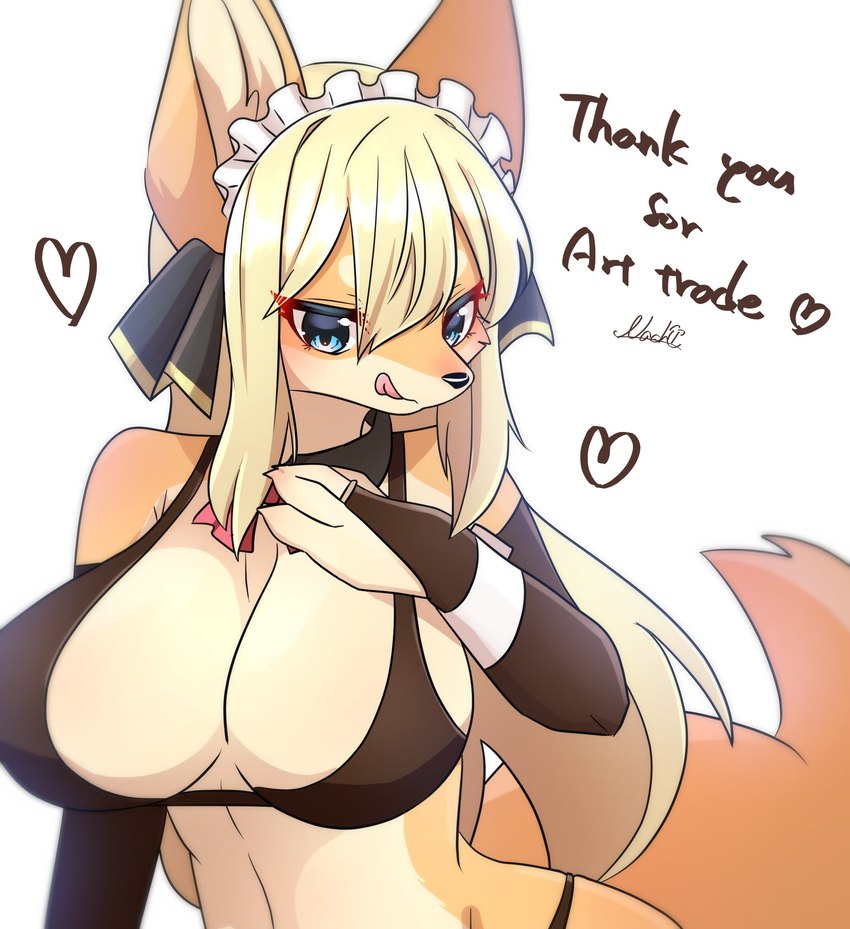 4_fingers accessory anthro armwear big_breasts bikini black_bikini black_clothing black_swimwear blonde_hair blue_eyes breasts bridal_gauntlets cleavage cleavage_overflow clothed clothing countershading female female_anthro fingers fluffy fluffy_tail frilly frilly_accessory frilly_hairband fur hair hair_accessory hairband heart_symbol huge_breasts kemono long_hair looking_at_viewer midriff multicolored_body multicolored_fur narrowed_eyes orange_body orange_fur shirt_collar shirt_cuffs simple_background smile snout solo swimwear tail text two-piece_swimsuit two_tone_body two_tone_fur white_background white_body white_fur nachiwanko faeki_(character) canid canine fox mammal 2021 english_text hi_res