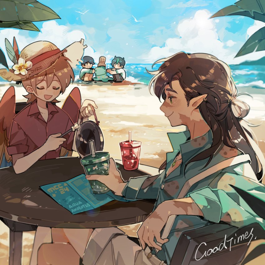 beach blush blush_lines bottomwear brown_hair chair character_signature chibi clothing cloud container cookie cookie_print crossed_legs crouching cup detailed_background drinking_straw duo_focus eyes_closed feathered_wings feathers food furniture gong group hair hat hat_feather headgear headwear holding_container holding_cup holding_gong holding_object humanoid_pointy_ears leaf long_hair looking_at_another loose_feather male multicolored_wings musical_instrument open_mouth open_smile outside pamphlet percussion_instrument plumeria print_clothing print_shirt print_topwear red_clothing red_shirt red_topwear sand sand_sculpture scar shirt shorts sitting sky smile smiley_face straw_hat suspenders table tan_bottomwear tan_clothing tan_shorts teal_clothing teal_shirt teal_topwear topwear tropical vacation water white_suspenders wings luminous_slime mc_championship cubfan135 fruitberries goodtimeswithscar grian smallishbeans ambient_bird amphibian animal_humanoid avian avian_humanoid axolotl bird_humanoid elf human humanoid inanimate_object macaw_humanoid mammal marine mole_salamander parrot_humanoid salamander scarlet_macaw_humanoid winged_humanoid 1:1 2022 color_contrast shaded