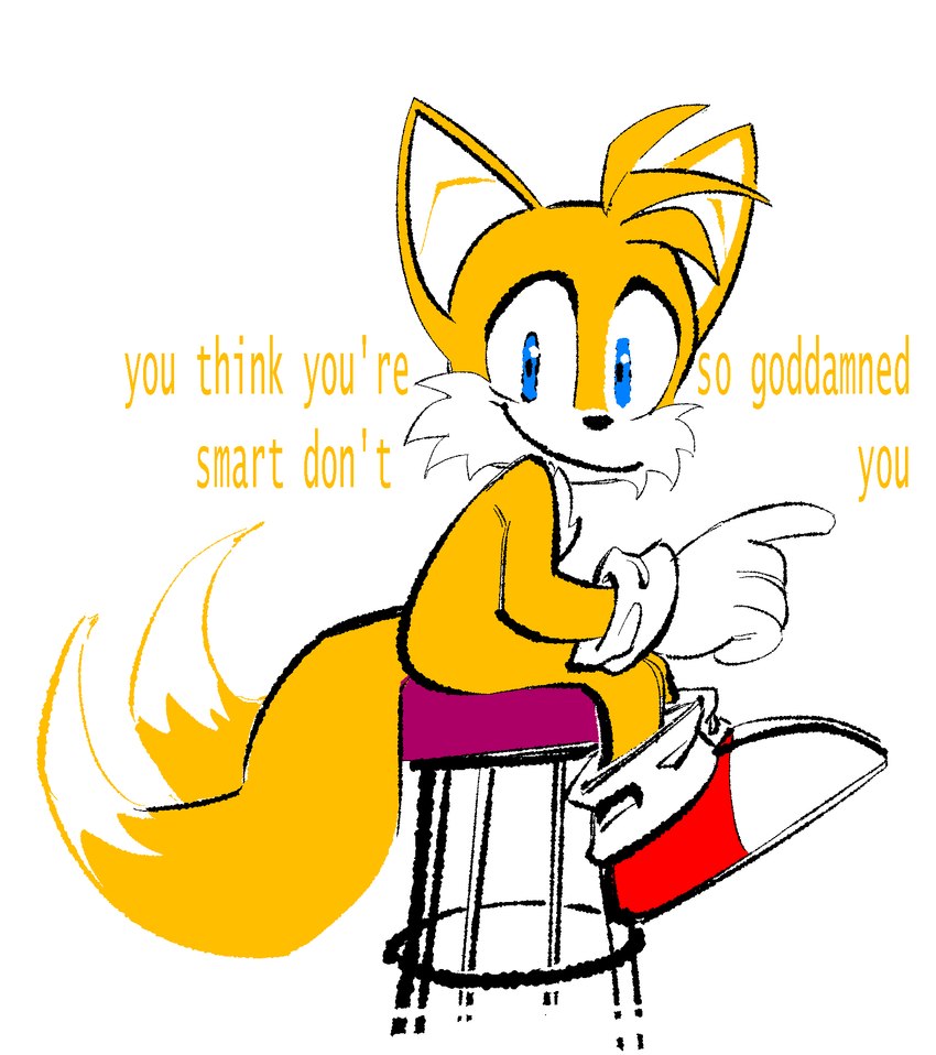 anthro blue_eyes fur furniture male profanity simple_background sitting sitting_on_stool smile solo stool text white_background yellow_body yellow_fur the-hydroxian sega sonic_the_hedgehog_(series) miles_prower canid canine fox mammal 2024 hi_res reaction_image