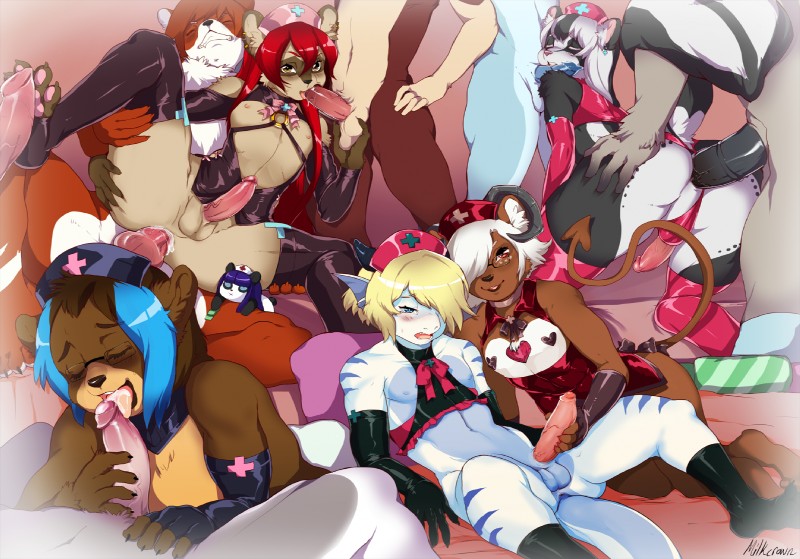 leona (aka) little one, mocha softpaw, scott otter, scynt, and sledge revorse (mythology and etc) created by milkcrown