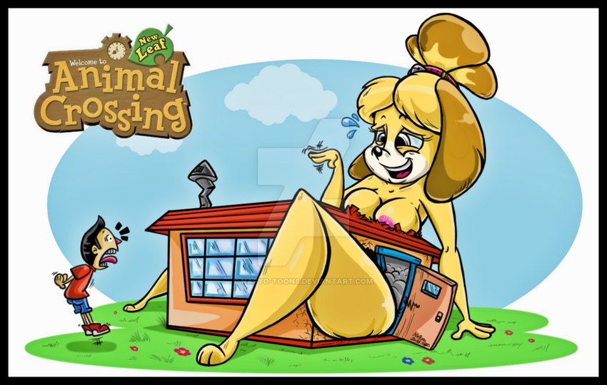 anthro black_border bodily_fluids body_size_growth border breasts building cloud destruction duo female flying_sweatdrops fur grass macro male nipples outside plant size_transformation smile sweat sweatdrop transformation yellow_body yellow_fur nafyo-toons animal_crossing nintendo isabelle_(animal_crossing) villager_(animal_crossing) canid canine canis domestic_dog human mammal 2018